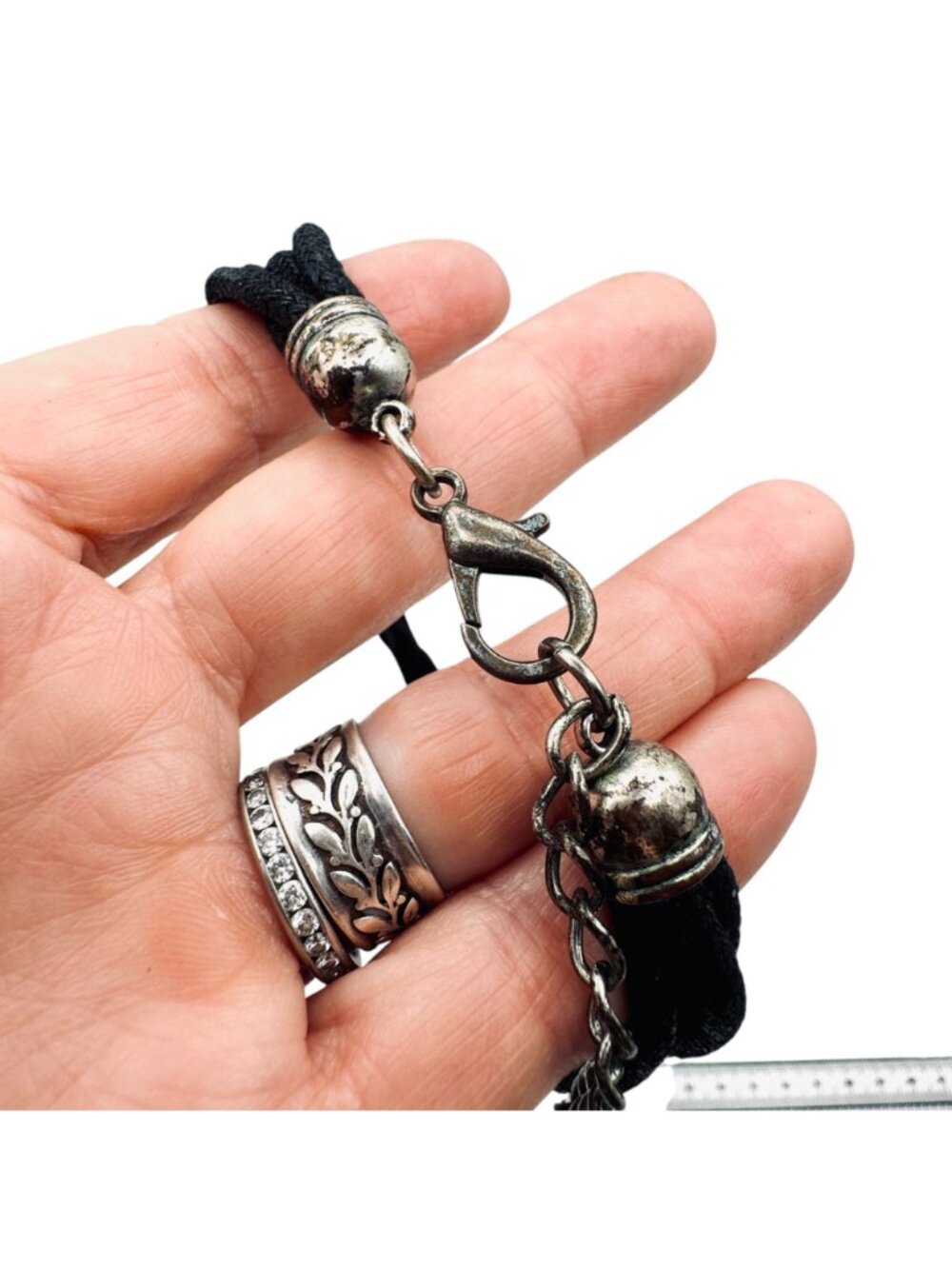 Vintage Multi-Strand Metal Bead Necklace Statement Black and Silver Leather 36" - Picture 5 of 9